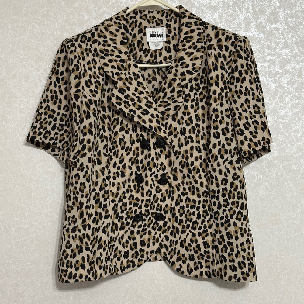 Leslie Fay Leopard Print Short Sleeve Double Breasted Blouse Tan Black 90's 14P